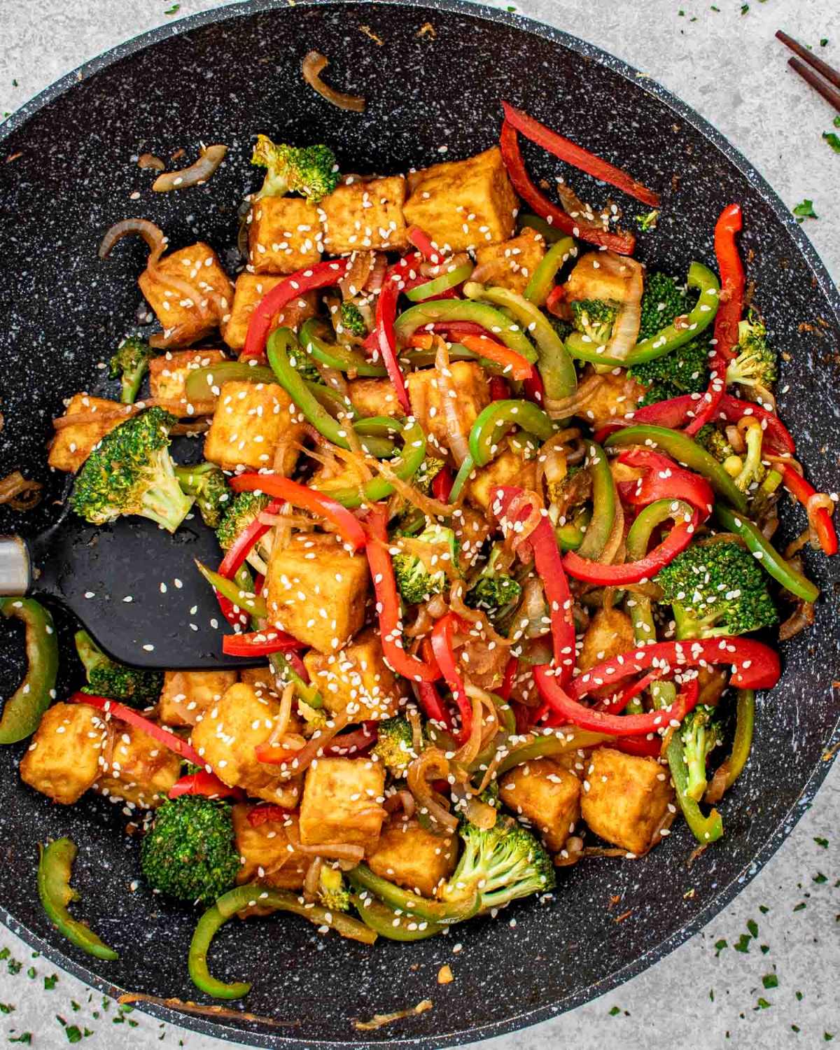 Delicious And Spicy Tofu Scallion Stir-Fry With Peas And Chili Peppers