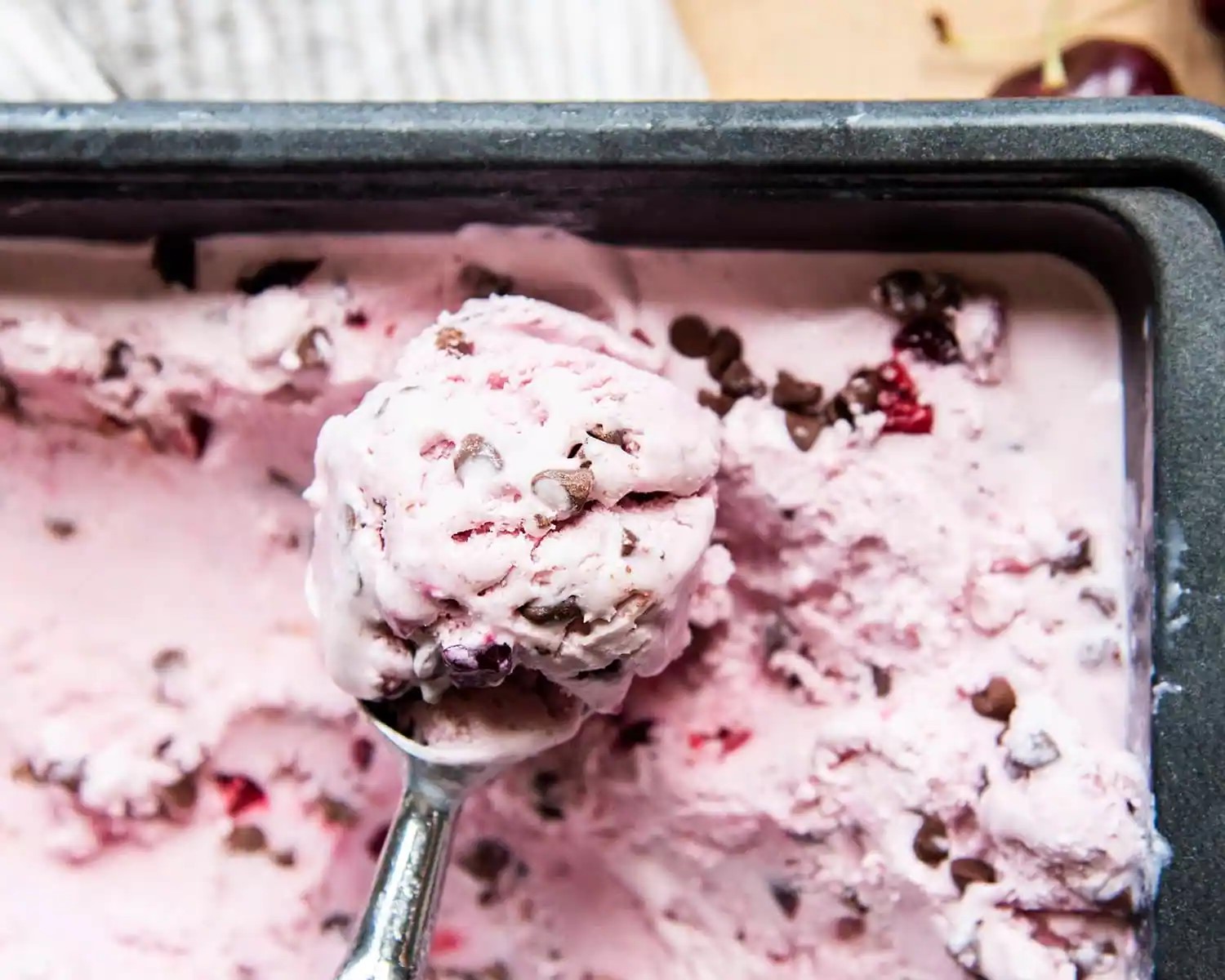 Delicious Cherry Chocolate Chip Ice Cream With A Hint Of Vanilla And Coconut