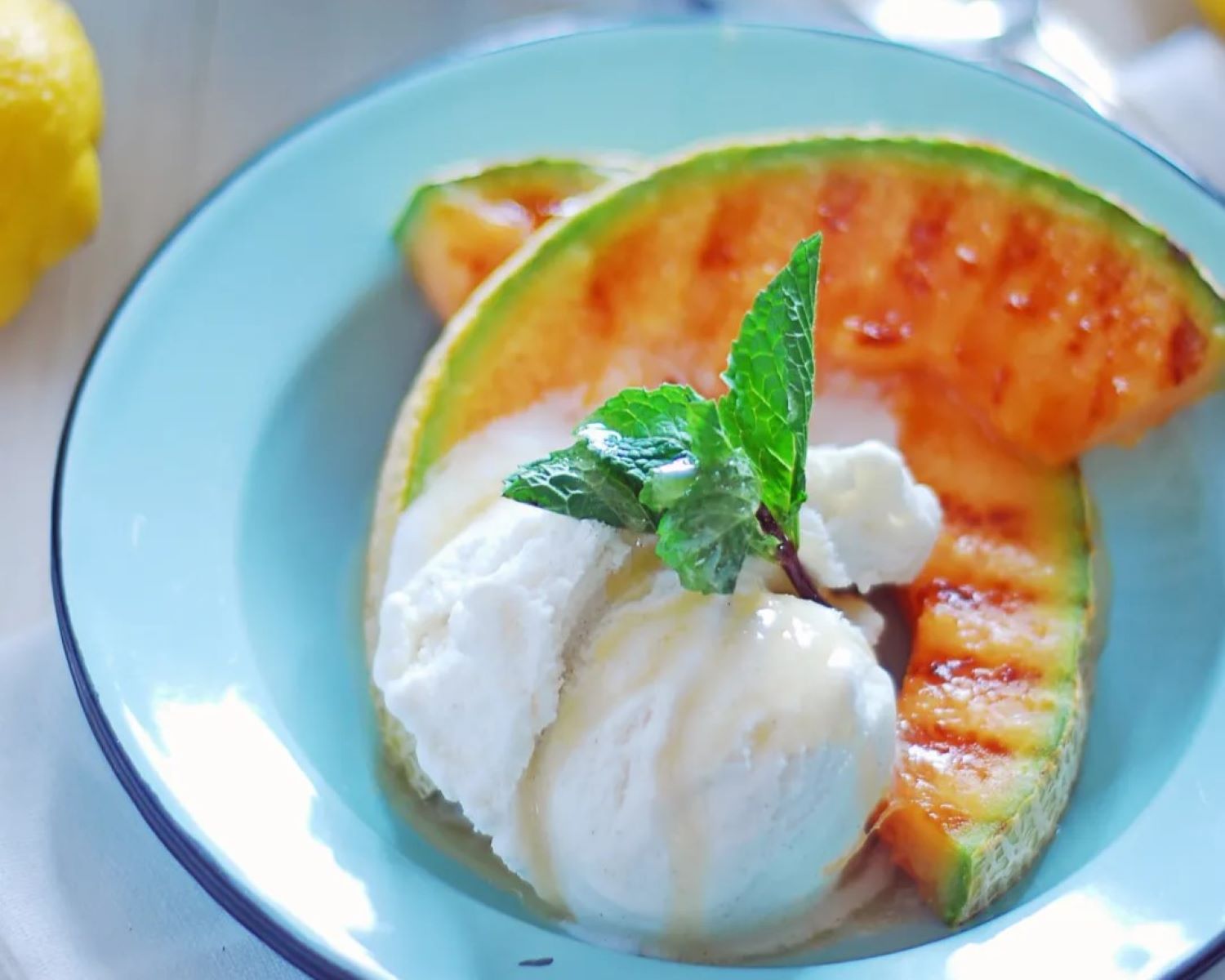 Delicious Melon Dessert: Vanilla Ice Cream With Honey Drizzle